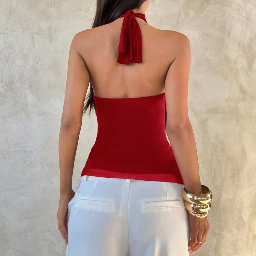 Red Casual Women's Elegant Multi-Layer Ruffle Trim Stand Collar Fitted Tank Top - Picture 2 of 8